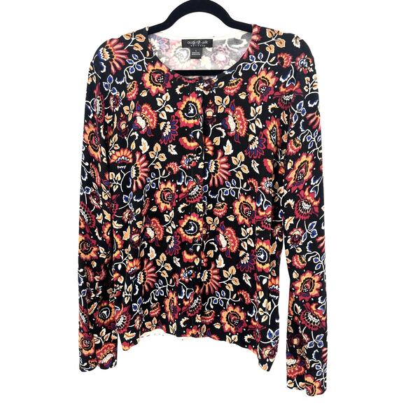 August Silk Heritage Cardigan Women's LG Black Red Yellow Boho Floral Sweater - Picture 2 of 6